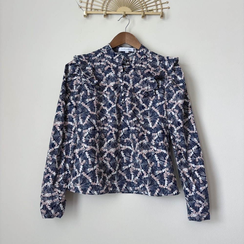 Intermix Blue High Neck Ruffle Blouse Sz 2